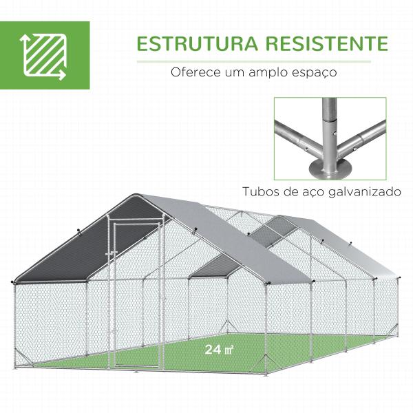 Galinheiro Exterior Grande 24 m² Gaiola para 16 - 24 Galinhas 3x8x2 m Galinheiro de Aço Galvanizado com Cobertura de PE e Porta com Fecho para Patos e Coelhos Prateado