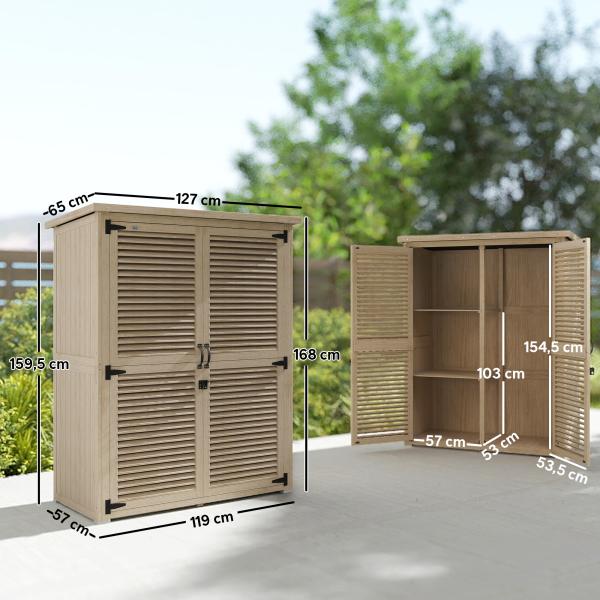 Armário de Jardim de Madeira 0,83 m² 127x65x168 cm com 2 Portas de Persiana 2 Prateleiras 2 Alças e Telhado Impermeável Natural