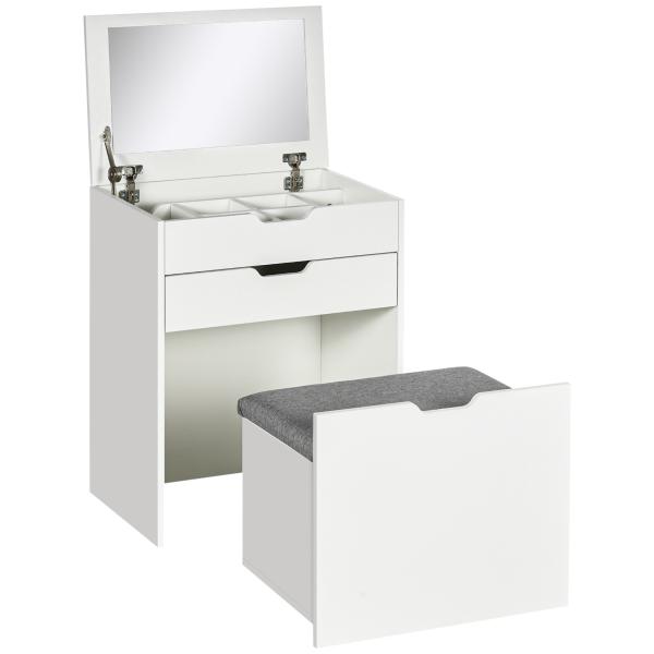 Toucador com Banco Oculto e Espelho Rebatível Mesa de Maquilhagem com Gaveta e 7 Compartimentos Banco Acolchoado Branco