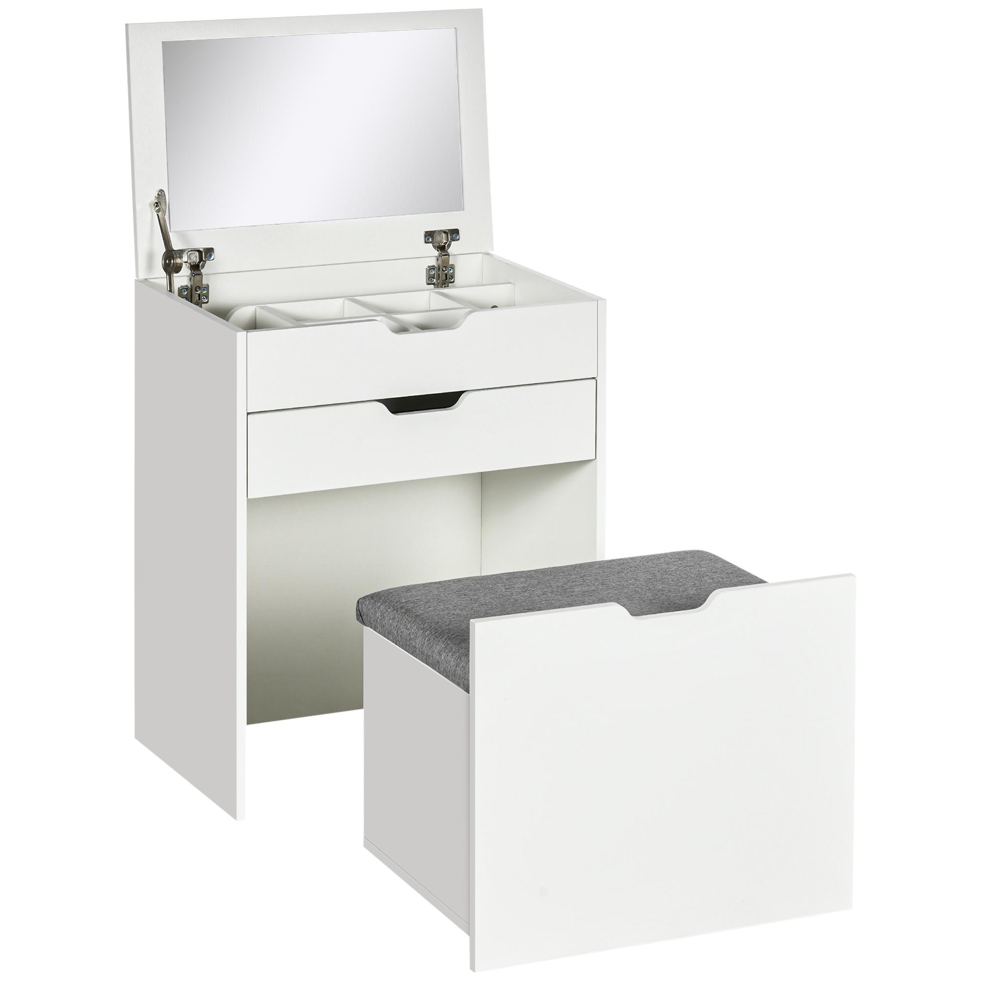Toucador com Banco Oculto e Espelho Rebatível Mesa de Maquilhagem com Gaveta e 7 Compartimentos Banco Acolchoado Branco