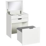 Toucador com Banco Oculto e Espelho Rebatível Mesa de Maquilhagem com Gaveta e 7 Compartimentos Banco Acolchoado Branco