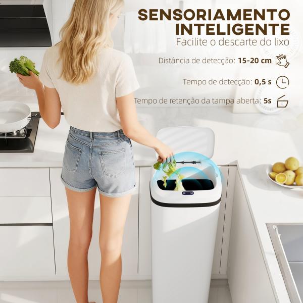 Balde de Lixo Automático 50L Estreito em Aço Inoxidável com Sensor Infravermelhos Modo Manual 33x25x84 cm Branco