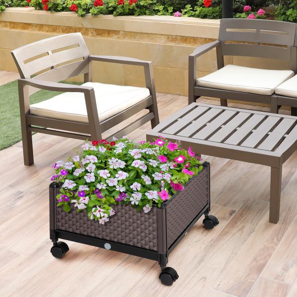 Floreira com Rodas com Orifícios de Drenagem para Cultivo de Plantas em Exterior Pátio 50x50x33cm Marrom