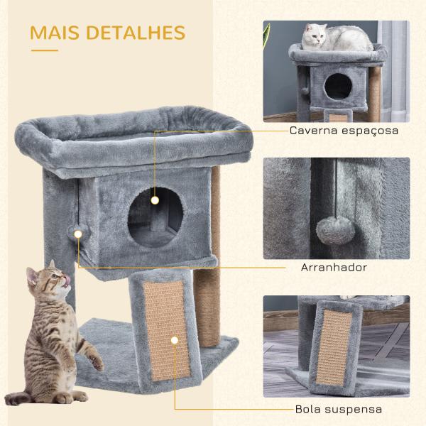 Arranhador para Gatos Pequenos Arranhador para Gatos com Poste de Juta Rampa Caverna e Bola Suspensa 40x40x57 cm Cinza