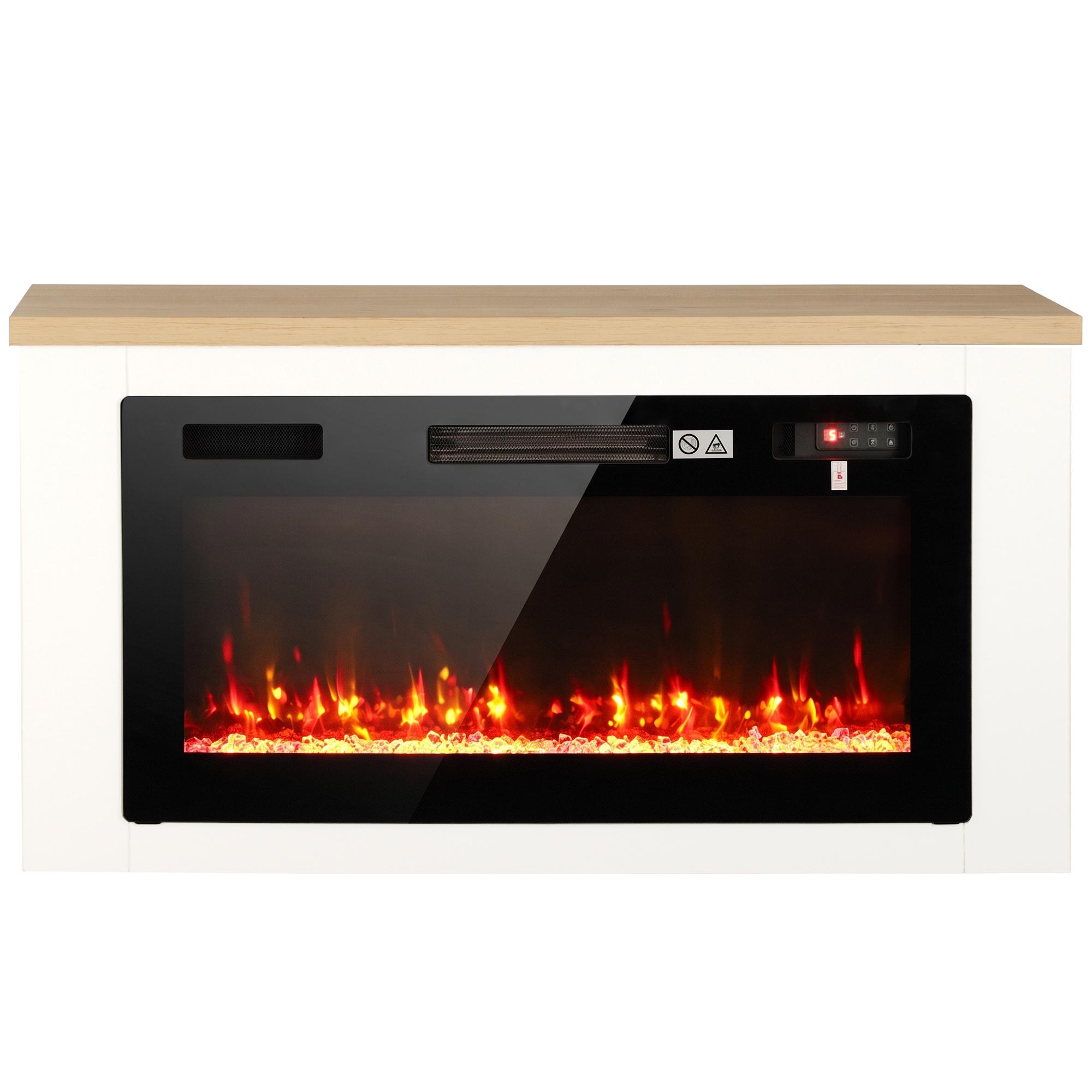 Lareira Elétrica de Pé 900/1800 W com Móvel para TV até 55", 12 Cores de Chama 3D, 5 Níveis de Brilho, Comando à Distância, para 35 m², Branco