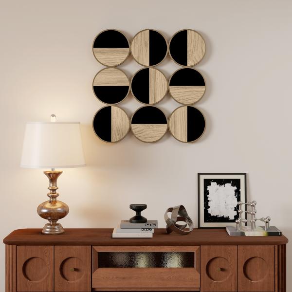 Quadro Decorativo de Parede Geométrico Decoração de Parede Moderno 3D 60x60 cm com Espelho de Plástico Preto e Madeira