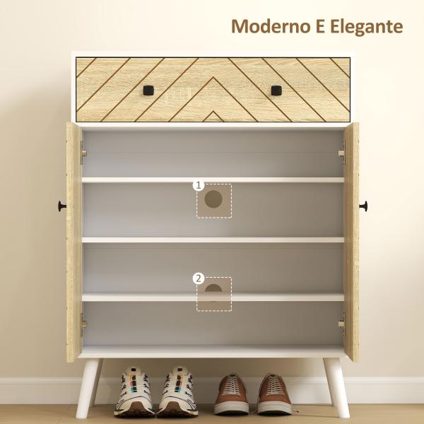 Sapateira de 2 Portas com Design em Espiga Prateleiras Ajustáveis Gaveta para 12 Pares de Sapatos 75x35x97 cm, Branco e Madeira