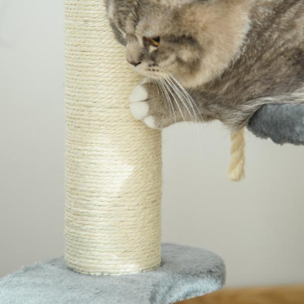 Árvore Arranhador para Gatos Ø40x65 cm com Cama Plataformas em Pelúcia Corda Suspensa e Poste com Corda de Sisal Cinza