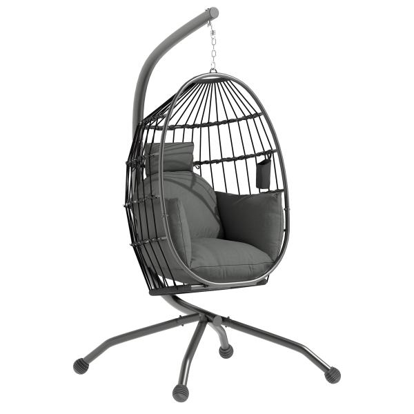 Cadeira Suspensa com Suporte Cadeira Baloiço de Jardim com Cesto Dobrável Almofada e Apoio para a Cabeça 120x88x192 cm Preto