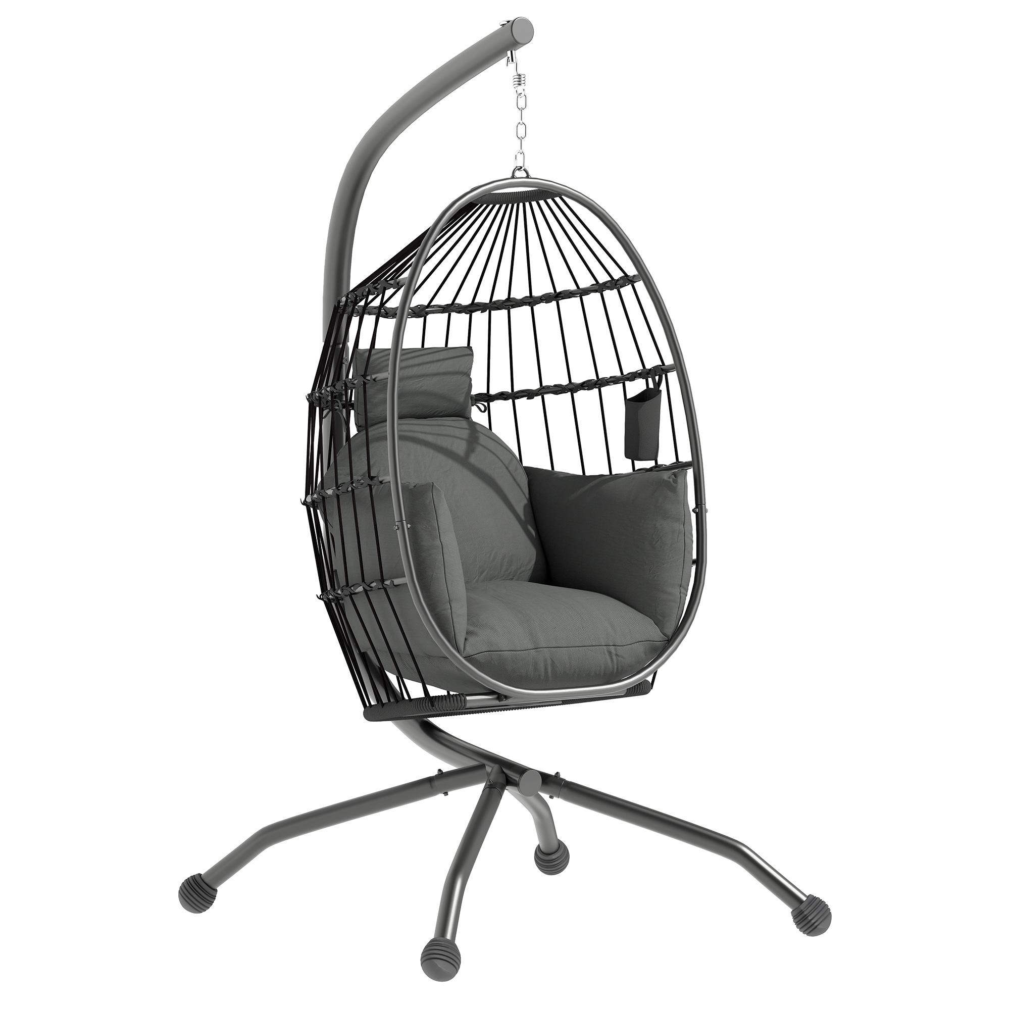 Cadeira Suspensa com Suporte Cadeira Baloiço de Jardim com Cesto Dobrável Almofada e Apoio para a Cabeça 120x88x192 cm Preto
