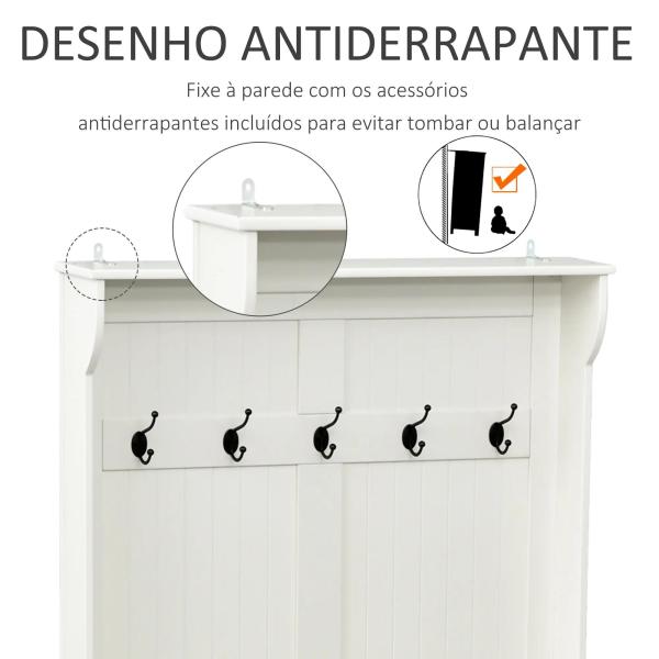 Móvel Cabide de Entrada com Banco Armário de Entrada com Cabide 5 Ganchos e Espaço de Armazenamento 96x34x179,7cm Marfim