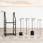 Suporte Metálico para Lenha 2 Níveis com 4 Ferramentas Ganchos e Base Elevada para Interior e Exterior 34x30x80 cm Preto