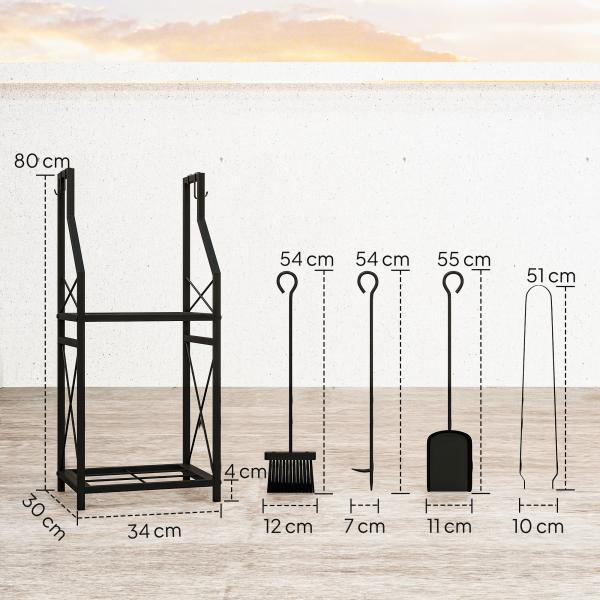 Suporte Metálico para Lenha 2 Níveis com 4 Ferramentas Ganchos e Base Elevada para Interior e Exterior 34x30x80 cm Preto