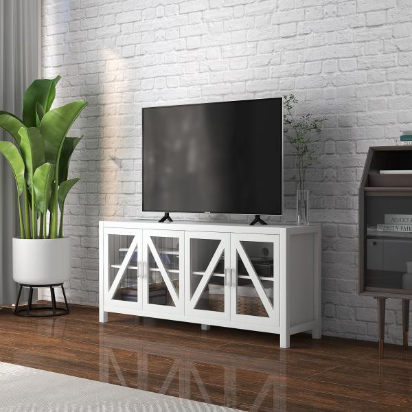 Móvel de TV para Televisores de até 58" com 4 Portas de Vidro Temperado e Prateleiras Ajustáveis 130x35x60 cm Branco