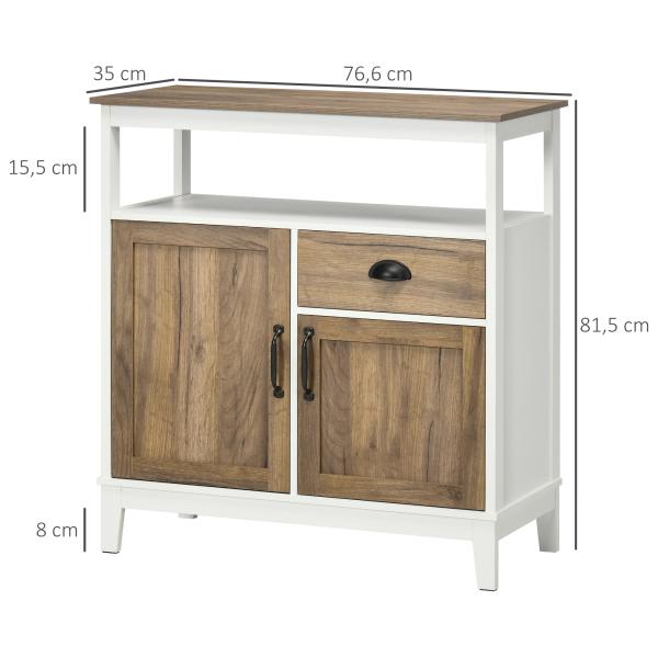 Aparador Sala de Estar com 2 Portas Gaveta e Prateleira Ajustável para Sala de Jantar Cozinha Dormitório 76,6x35x81,5 cm Branco e Madeira Envelhecida