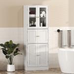Armário de Casa de Banho Alto com Portas de Vidro Portas de Ripas e Prateleiras Ajustáveis 60x30x170 cm Branco