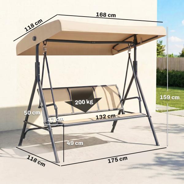 Baloiço de Jardim Exterior de 3 Lugares com Toldo Reclinável Assento Respirável e Estrutura de Aço 175x118x159 cm Bege
