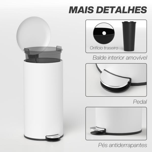Balde de Lixo para Cozinha 30L com Pedal Tampa com Fechamento Suave e Cubo Amovível 36x30x63,5 cm Creme