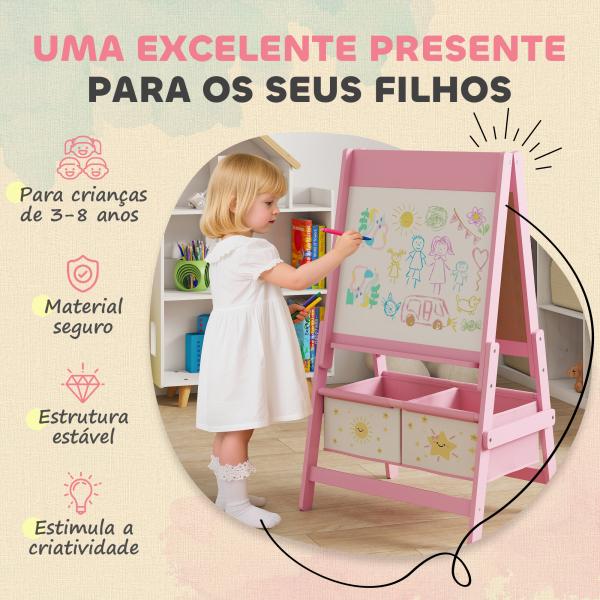 Cavalete de Pintura para Crianças 3 em 1 para Crianças acima de 3 Anos com Rolo de Papel e Cestos de Arrumação 54x46x94 cm Rosa