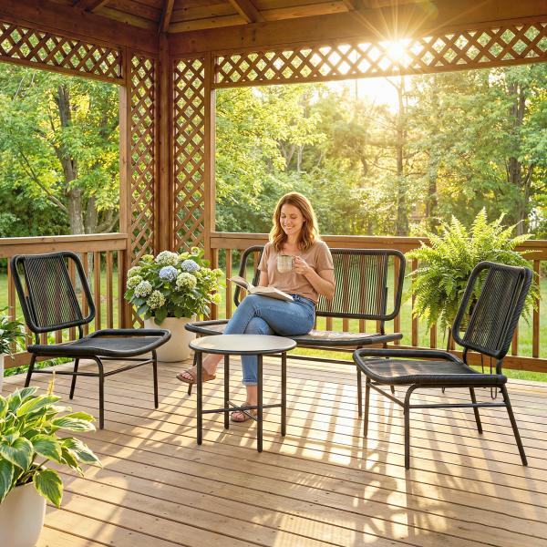 Conjunto Jardim de Vime com 4 Peças Inclui Sofá de 2 Lugares 2 Poltronas e Mesa de Centro com Tampo Metálico Preto