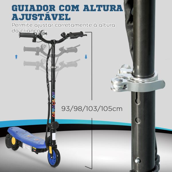 Trotinete Elétrica Dobrável com Velocidade Máx. 12 km/h Motor 120 W Autonomia Máxima 10 km e Farol LED 75x48x93 - 105 cm Azul