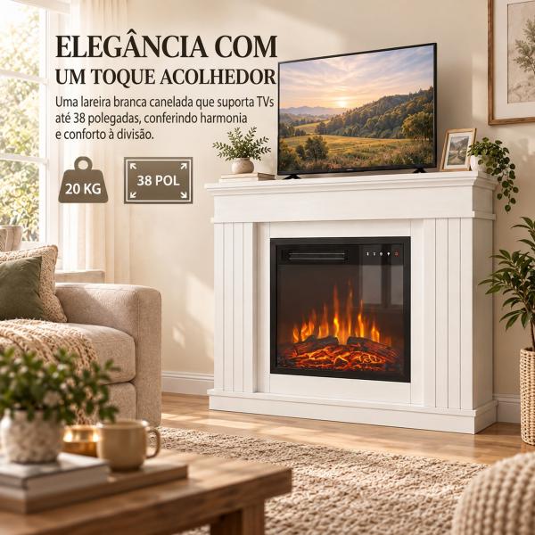 Lareira Elétrica Decorativa 1800W com Prateleira, Efeito de Chama, 5 Níveis de Brilho, Termóstato, Temporizador e Comando, para TV até 38", Branco