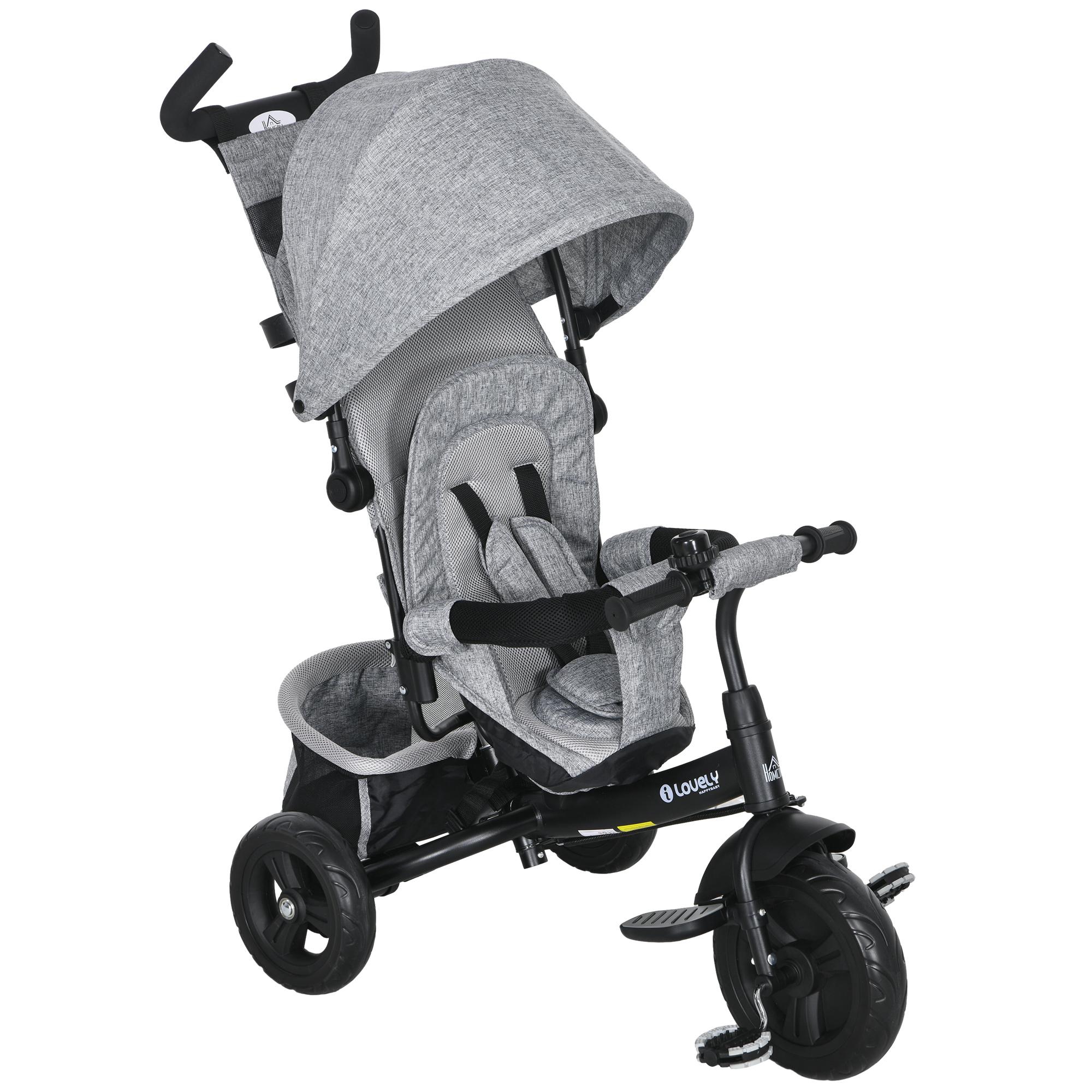 Triciclo para Bebés 2 em 1 de +12 Meses com Capota Dobrável Guiador Telescópico e Removível Bolsa e Porta - garrafas Cinza