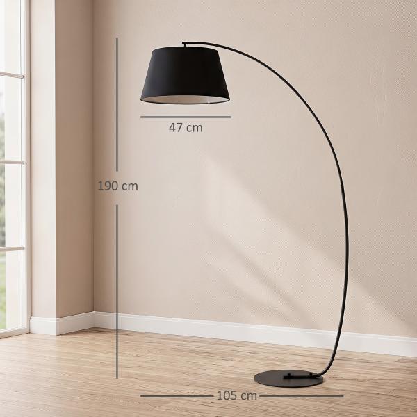 Candeeiro de Pé em Arco com Abajur em Tecido para Sala, Casquilho E27, Interruptor de Pedal, Preto