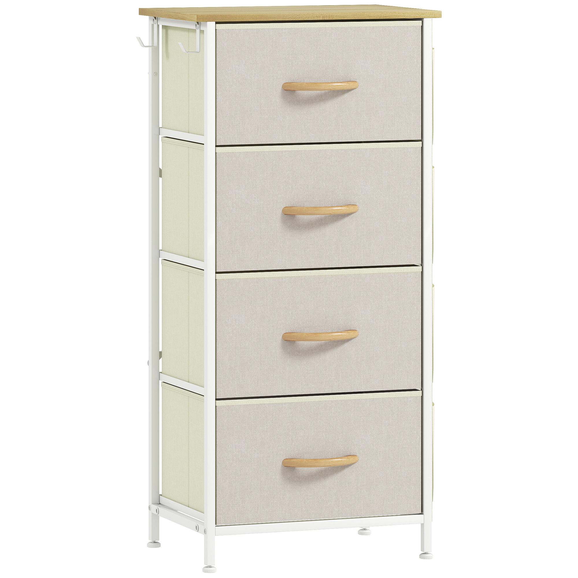 Cómoda Alta de Tecido com 4 Gavetas 4 Bolsos Laterais 2 Ganchos e Estrutura de Aço 45x30x94,5 cm Bege