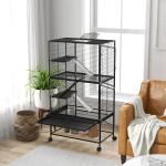 Gaiola para Animais Pequenos de 4 Níveis com Rodas Rampa Comedouro Bebedouro e Bandeja Removível 78x45,5x136 cm Preto