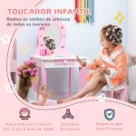 Toucador Infantil de Madeira com Banco Espelho e Gaveta Mesa de Maquilhagem para Crianças entre 3 - 6 Anos 50x36,5x89,5cm Rosa