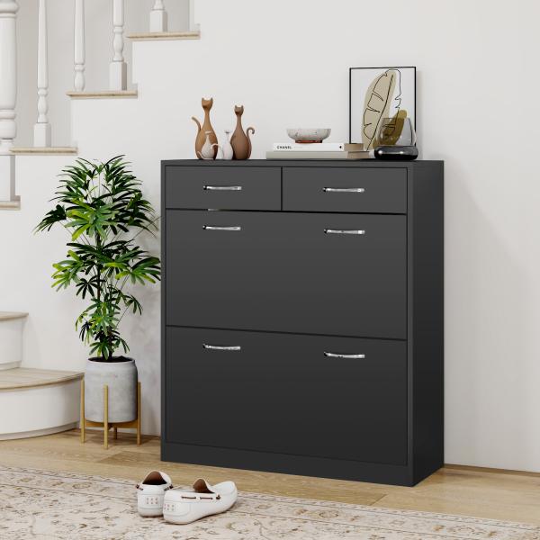 Sapateira Estreito com 2 Compartimentos e 2 Gavetas para 12 Pares de Sapatos 80x30x91,5 cm Preto