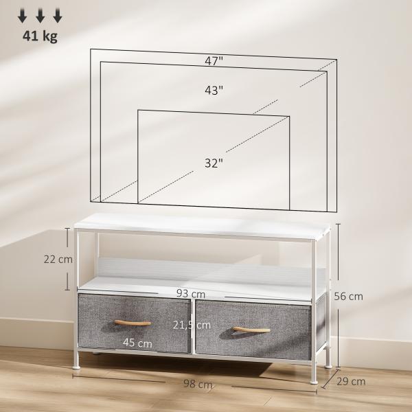 Móvel de TV com Prateleira e 2 Gavetas de Tecido Dobráveis para Televisores até 47 Polegadas 98x29x56 cm Branco e Cinza
