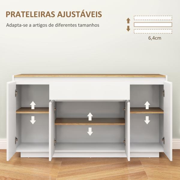 Aparador de Sala de Estar com 4 Portas Gaveta e Prateleiras Ajustáveis 140x40x75 cm Madeira e Branco Brilhante