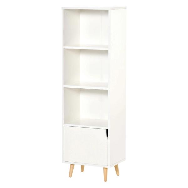 Estante com 3 Prateleiras Abertas e 1 Fechada com Porta Estante de Estilo Moderno para Armazenamento de Livros Brinquedos Plantas 40x30x129,5cm Branco
