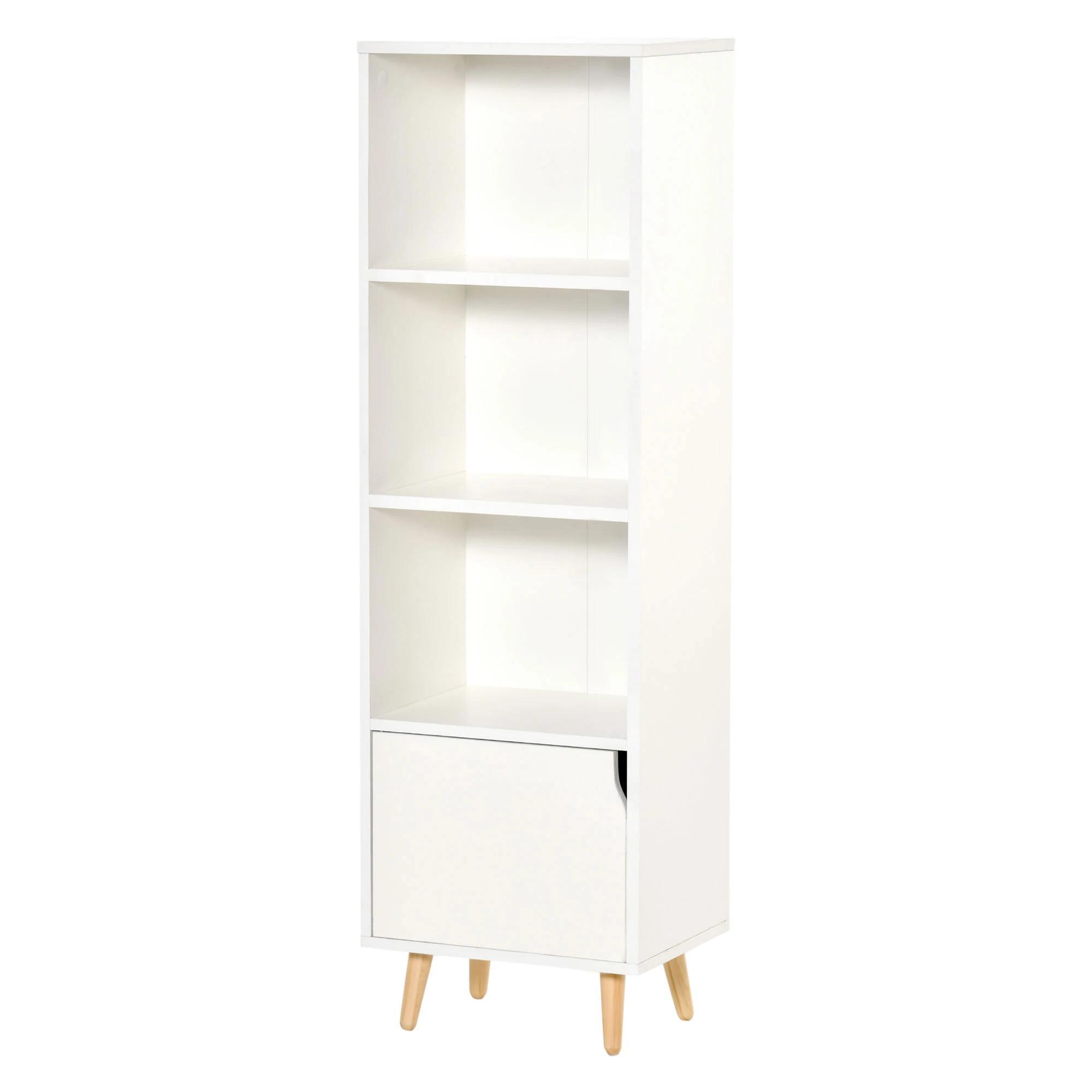 Estante com 3 Prateleiras Abertas e 1 Fechada com Porta Estante de Estilo Moderno para Armazenamento de Livros Brinquedos Plantas 40x30x129,5cm Branco