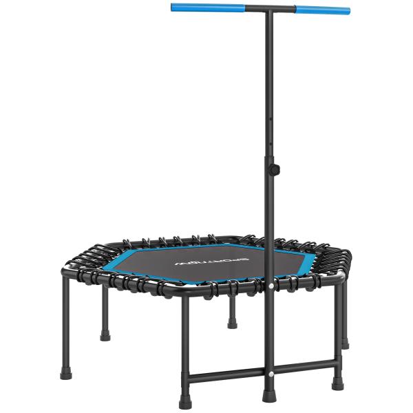 Trampolim Fitness 114x114x132 cm com Guiador Ajustável em 3 Níveis Estrutura de Aço para Treino de Perna Corpo Azul