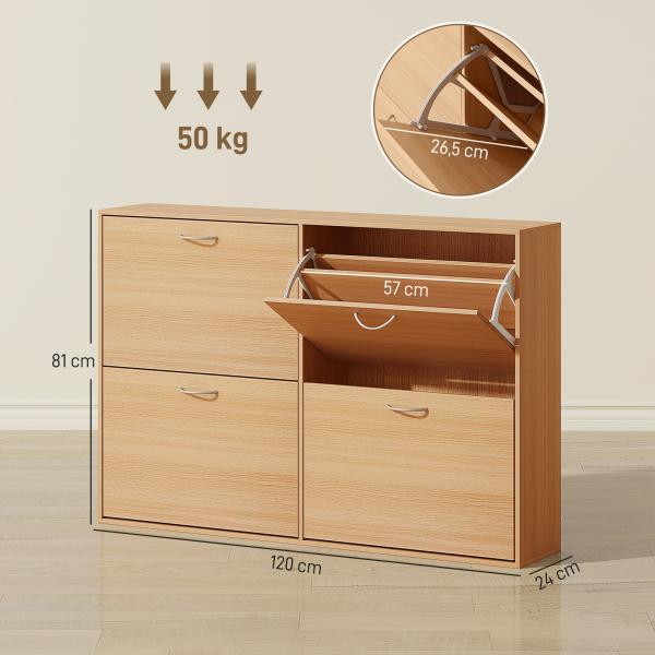 Sapateira Moderna com 4 Gavetas Abatíveis e Prateleiras Ajustáveis para 16 - 24 Pares de Sapatos 120x24x81 cm Madeira