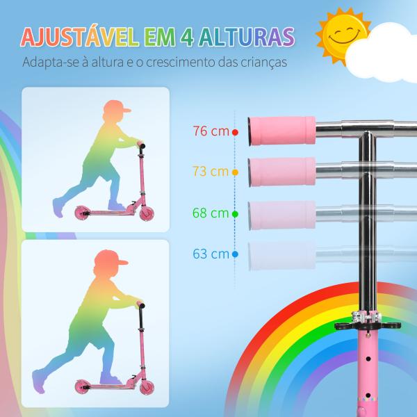 Trotinete para Crianças Dobrável com Luzes e Música 4 Alturas Ajustável Rodas Brilhantes e Pedal LED 67x32x65 - 78 cm Rosa