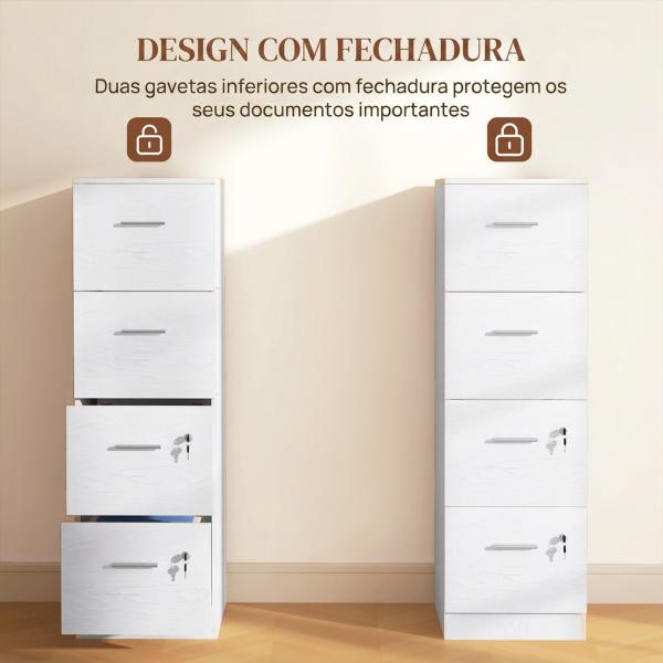 Gaveteiro de Escritório com 4 Gavetas Fechadura e Suportes Ajustáveis para Documentos A4 e Letter Branco 40x42x130,8 cm Branco