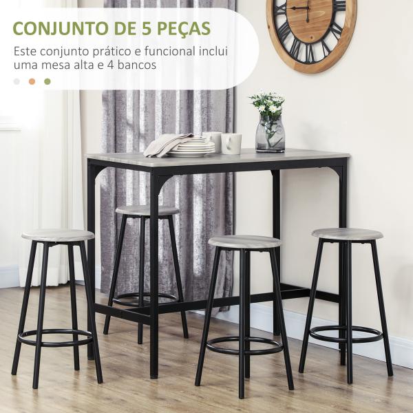 Conjunto de Móveis Altos de Bar com 5 Peças Mesa de Refeição Industrial e 4 Bancos Redondos Cinzento e Preto