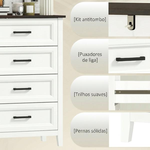 Cómoda 4 Gavetas Cómoda de Dormitório Estreita e Alta com Bancada com Efeito Madeira 60x35x87 cm Branco