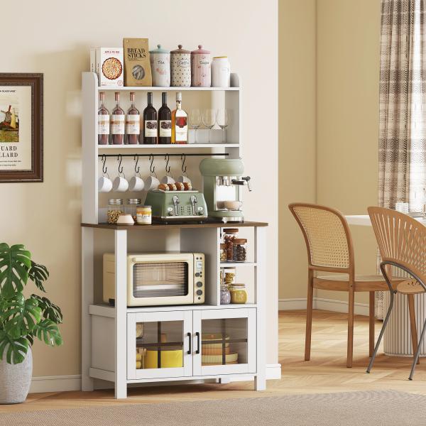 Armário de Cozinha Alto Móvel Auxiliar de Cozinha com 6 Ganchos para Chávenas 2 Portas de Vidro Prateleiras Abertas 80x40x152 cm Branco
