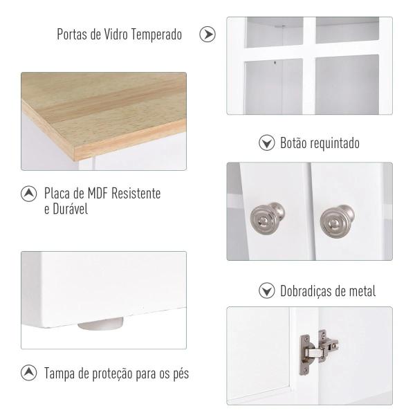 Armário de Cozinha com Prateleiras e Portas de Vidro para Pequenos Eletrodomésticos e Louças 80x37x183cm Branco