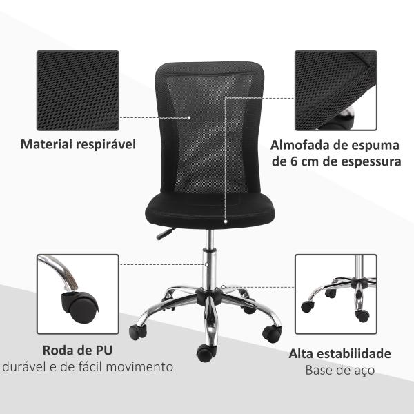 Cadeira de Escritório de Malha Giratória sem Apoio para os Braços com Altura Ajustável Carga 43x58x90 - 100 cm Preto