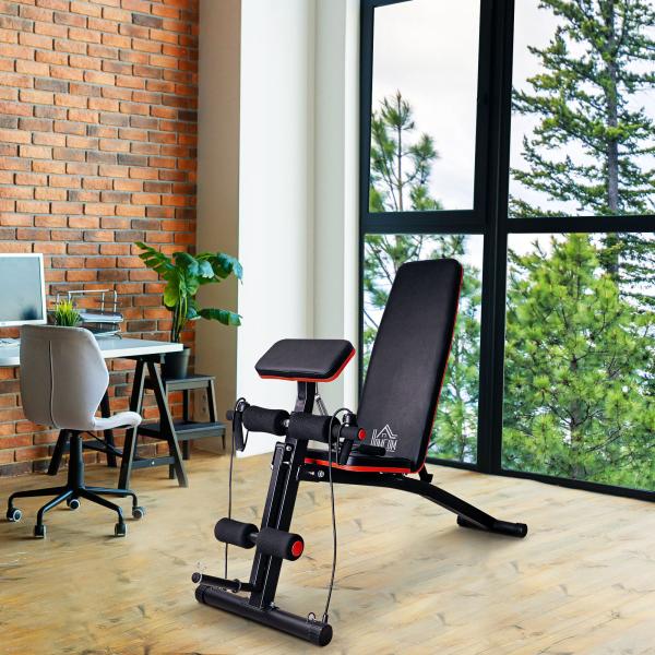 Banco de Musculação com Encosto Ajustável em 7 Posições Extensão de Pernas Apoio para Bíceps e Banda de Resistência para Treino Completo em Casa 54x160x106cm Preto e Vermelho