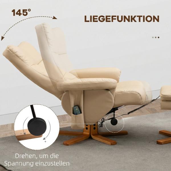 Poltrona Relax Reclinável com Apoio de Pés, 10 Pontos de Massagem, Giratória, Comando à Distância, Bolso Lateral, Creme