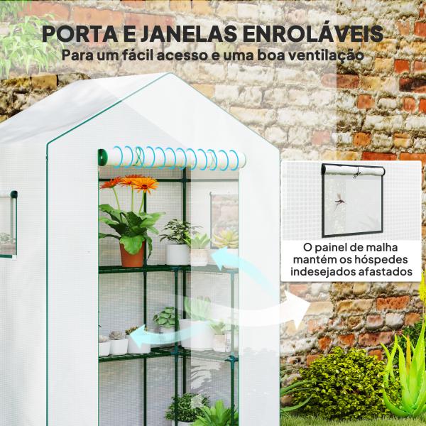 Estufa de Jardim com 1 Porta 2 Janelas e Prateleiras de 2 Níveis em Forma de U para Cultivo de Plantas 140x73x190 cm Branco