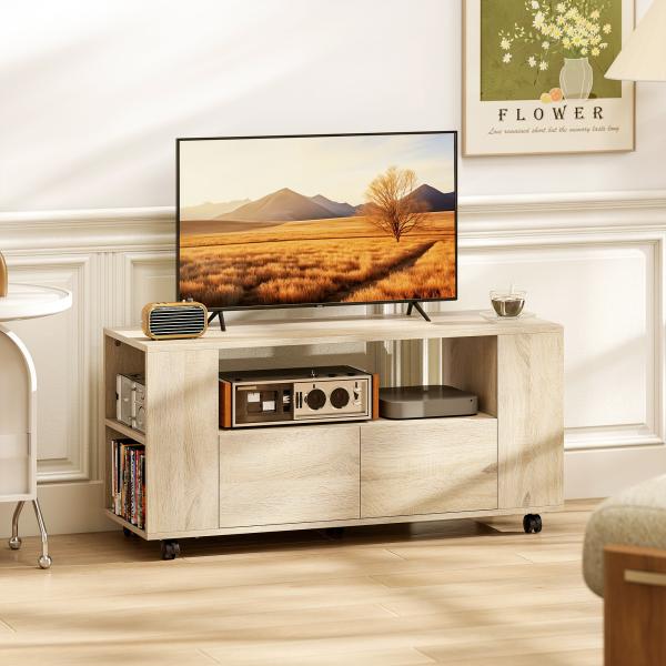 Móvel de TV com Rodas para Televisão até 42 Polegadas com 2 Gavetas Prateleiras Ajustáveis 102x34,5x48,5 cm Madeira
