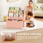 Estante para Livros Infantil de 4 Níveis com 3 Prateleiras e 1 Gaveta com Rodas 62,5x30x70 cm Rosa